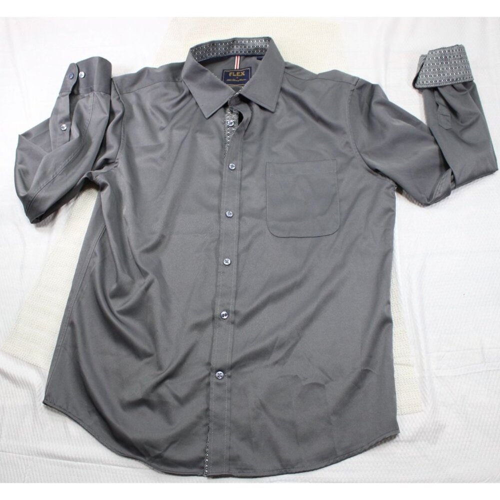 Flex Men's Luxury Collection Gray‎ Med Long Sleeve Shirt Flip Cuffs Italy